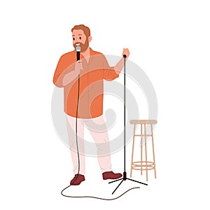 Man standuper cartoon character giving humor speech on stage performing with mic isolated on white