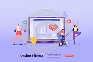 Man on a stationary bike, athlete with a barbell, woman doing yoga. Concept of online fitness, online gym, workout at home, video