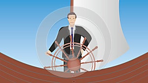 Man at stearing wheel on a ship. Vector illustration.
