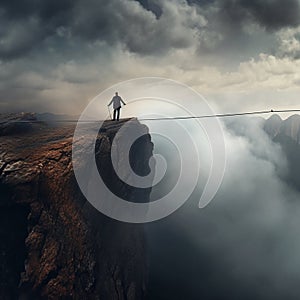man on a steep cliff over an abyss, a rope stretches from the rock to the other side, tightrope walker, climber,