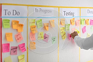 Man with sticker near scrum task board in office