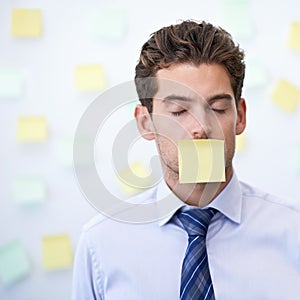 Man, sticky note and face or business stress or to do list with schedule reminder or project planning, deadline or