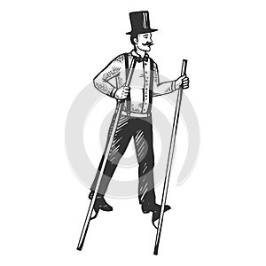 Man on stilts engraving vector illustration