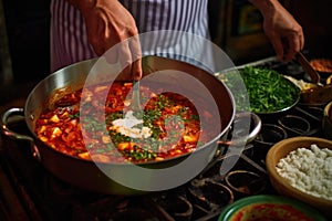 man stirring ingredients in a pan for shakshuka