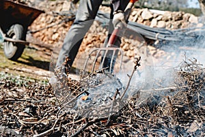 man stirs the dry plant remains in a bonfire