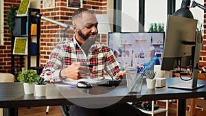 Man stoked on doing online shopping photo