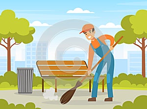 Man Street Cleaner or Garbageman in Orange Uniform Sweeping Yard Ground with Broom Vector Illustration