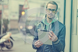 Man On Street Use Ipad Tablet Computer