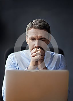 Man, stress and anxiety with career fail, trader worried about stock market crash and laptop glitch. Businessman