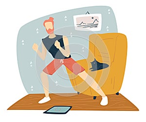 Man stretching at home, fitness and exercises during quarantine