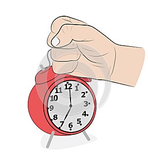 The man strikes his hand on the alarm clock. get up early. vector illustration.