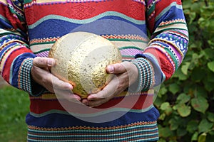 Man with a striped colored pullover holding a golden stone
