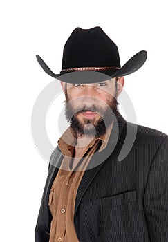 Man in striped jacket and cowboy hat, in a portrait image