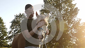 Man stroking therapy horse