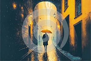 A man strolling through a rainy urban alley with a radiant yellow parasol