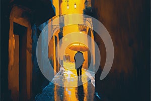 A man strolling through a rainy urban alley with a radiant yellow parasol