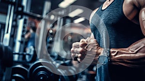 Man with strong muscles and hands enter at the gym for a workout. Generative ai