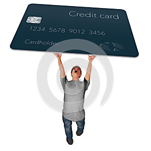 A man struggles to hold a hug credit card over his head in this 3-D illustration.