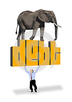 A man struggles to hold up the word DEBT with an elephant standing on top of that