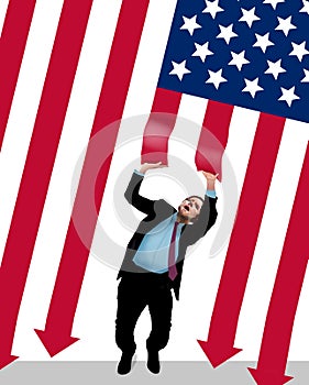 A man struggles to stop red stripes dropping from a USA flag