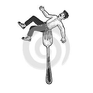 Man strung on fork sketch vector illustration