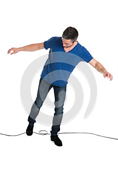 Man Stucked In Cable While Walking