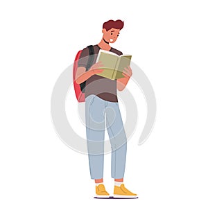 Man Student Character Reading Book. College or University Education, Pupil Prepare to Exam, Character Get Knowledge