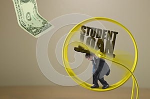 Man with STUDENT LOAN rock burden on hamster wheel showing financial struggle