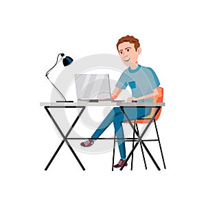 man student writing coursework on laptop cartoon vector