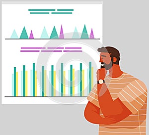 Man studies business finance on presentation board, bar chart graphic report web infographic