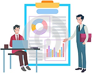 Man studies finance statistics, bar chart graphic report. Business data analysis, financial research