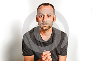 Man in studio looking at camera relaxed, model expressions isolating white background