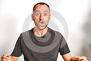 Man in studio overwhelmed, stressed and surprised, model expressions isolating white background