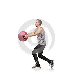 Man in studio with power, gym ball and mockup for exercise, body wellness and commitment. Workout, muscle training and