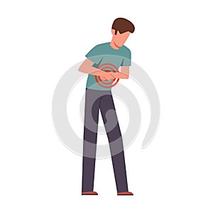 Man suffering from abdominal pain. Male young character bending over and holding his belly, painkillers advertisement