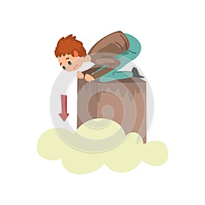 Man suffering from acrophobia, guy feeling fear of heights, human fear concept vector Illustration on a white background