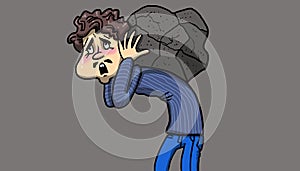 Man suffering while carrying a heavy rock on his back, illustration photo