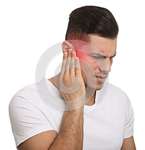 Man suffering from ear pain on white background