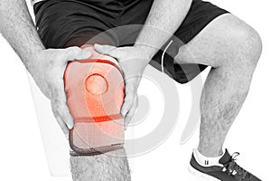 Man suffering with knee cramp against white background