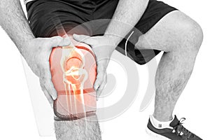 Man suffering with knee pain against white background