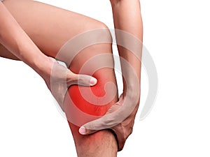 Man suffering from leg pain, calf pain. red color highlight