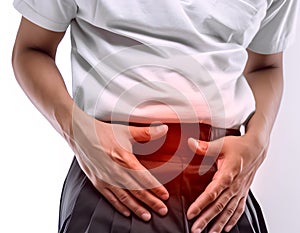 Man suffering lower abdominal pain. AI generated