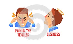 Man Suffering from Severe Headache Holding Fingers Against Temples and Having Dizziness Vector Set