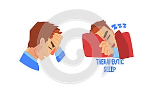 Man Suffering from Severe Headache Holding Hand Against Forehead and Having Therapeutic Sleep Vector Set