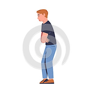 Man suffering from stomach pain. Man feeling pain in body caused by illness or injury cartoon vector illustration