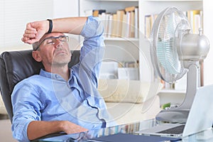 Man suffers from heat in the office or at home