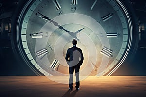 A man in a suit against the background of a dial, rear view. A businessman stands and looks at a large watch. Concept time is