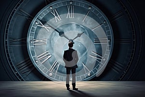 A man in a suit against the background of a dial, rear view. A businessman stands and looks at a large watch. Concept: time is