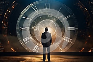 A man in a suit against the background of a dial, rear view. A businessman stands and looks at a large watch. Concept: time is