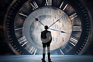 A man in a suit against the background of a dial, rear view. A businessman stands and looks at a large watch. Concept: time is